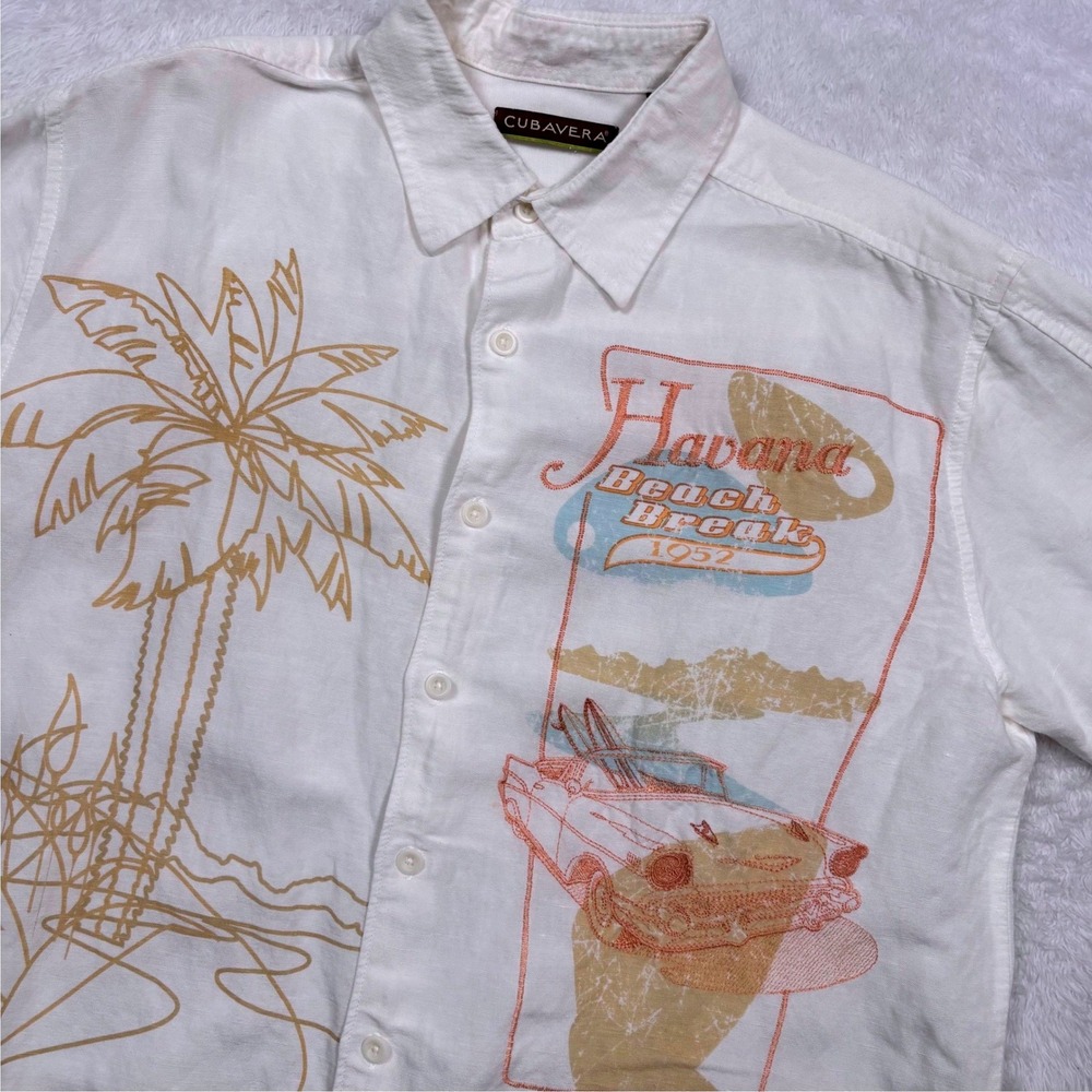 Cubavera Button Shirt Men L White LINEN BLD Havana Beach Break Surf Classic Car